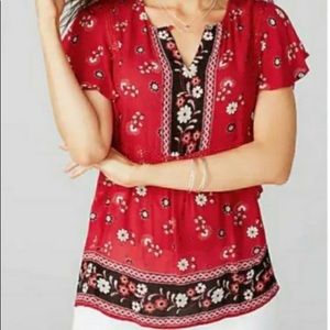 J. Jill red/black floral ruffle top. Size M